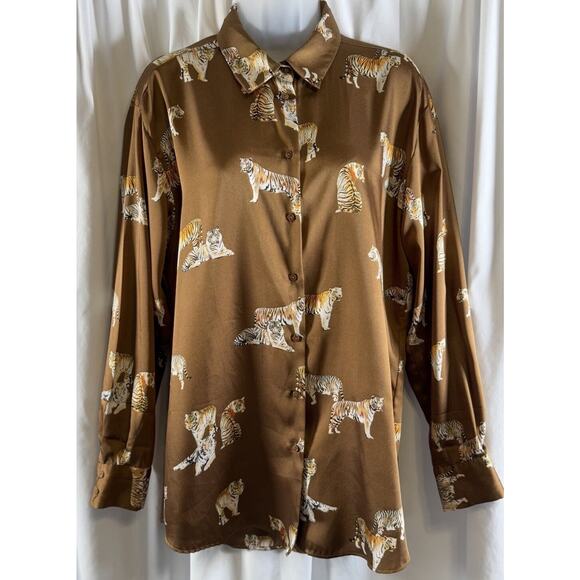ZARA Tiger Print Oversized Long Sleeves Shirt Brown Ivory L dark academia 72-27 - Picture 16 of 16